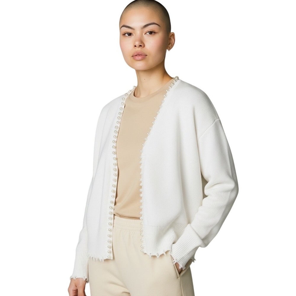 New Pearl Trim Distressed Hem White Cardigan Coquette Old Money Angelcore L
